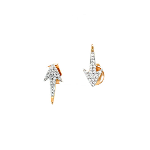 A pair of arrow-shaped stud earrings, crafted from 14k rose gold-filled material, features shimmering zirconia stones. Each earring points in opposite directions—one upwards and the other downwards—and is set against a plain white background.